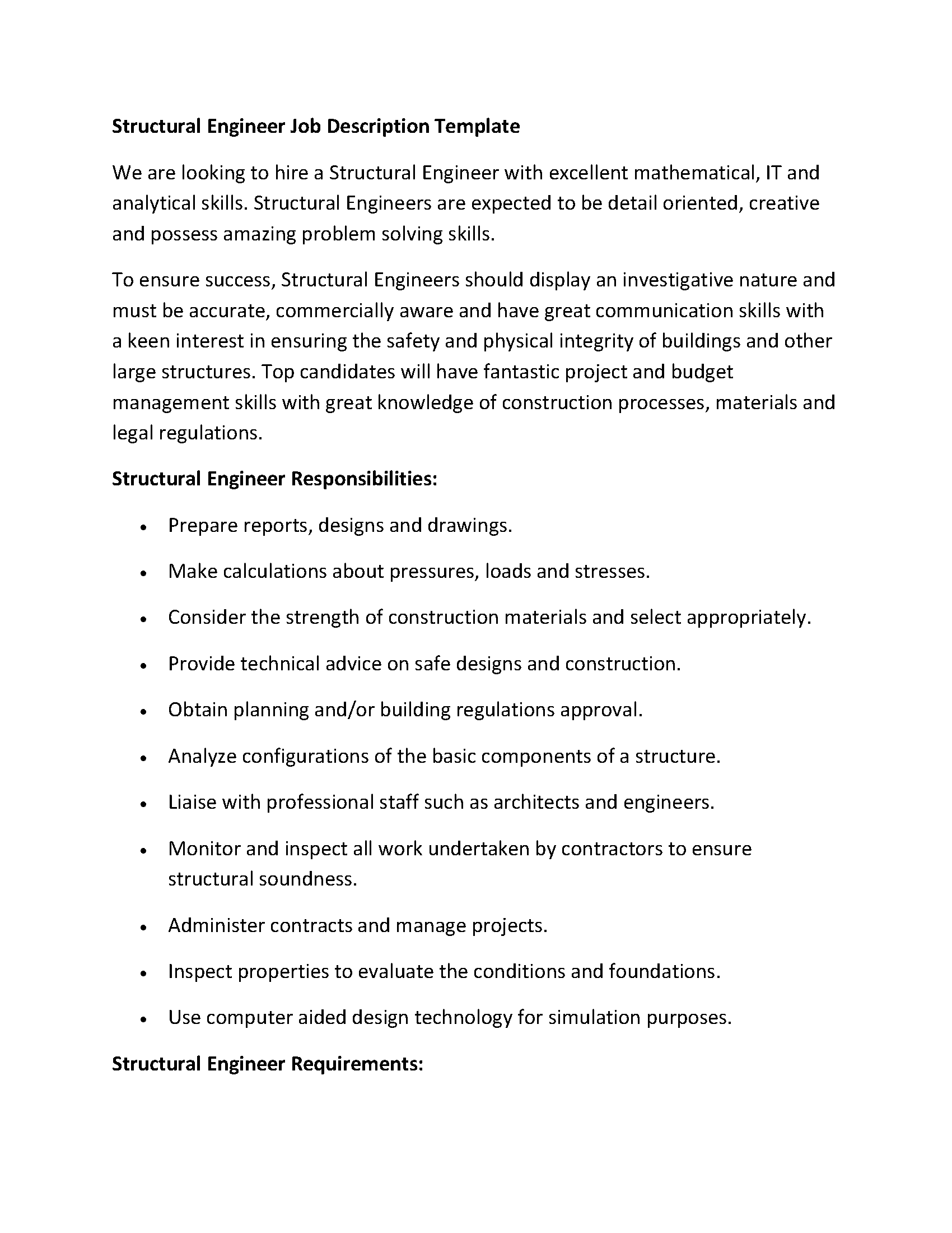 Structural Engineer Job Description Template